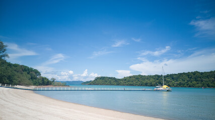 Marina with anchored sailboat yachting. Outdoor beautiful bay nature landscape.
