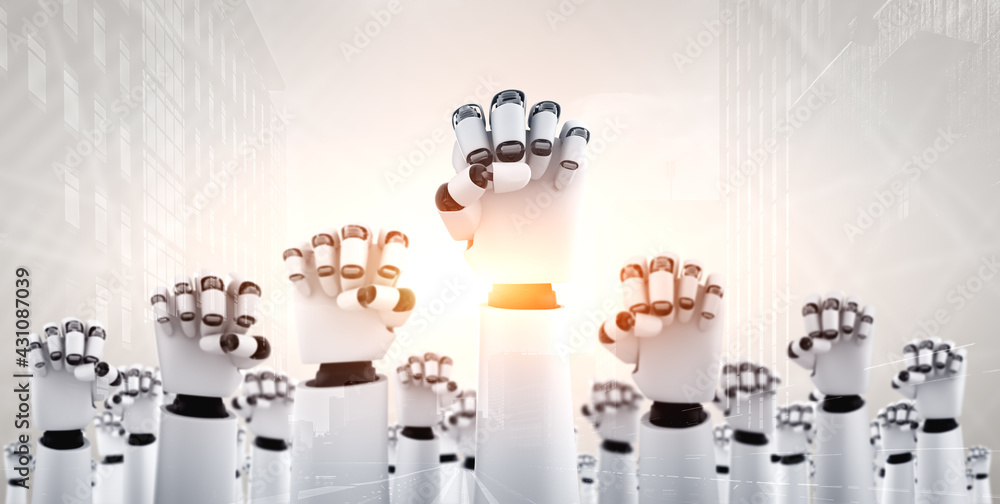 Poster robot humanoid hands up to celebrate success achieved by using ai artificial intelligence thinking a