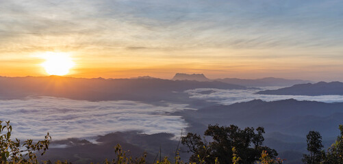 Panoramic beautiful Misty Morning with Beautiful Sunrise which clear blue sky in morning