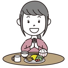 元気にいただきますをする女の子のイラスト素材