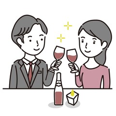 赤ワインで乾杯し記念日のお祝いをするカップルのイラスト素材