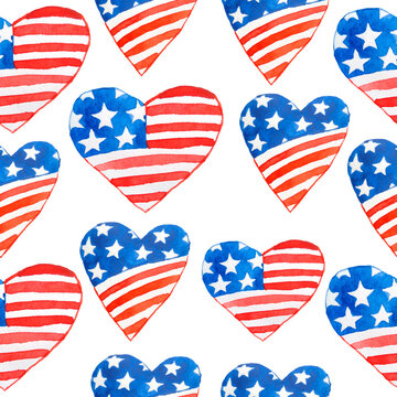 Watercolor seamless hand drawn pattern for US Independence day 4th fourth of July patriotic background hearts love print. Red blue white colors stripes stars design, celebration summer party.