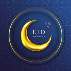 Eid mubarak greeting card islamic pattern with beautiful crescent moon in blue background