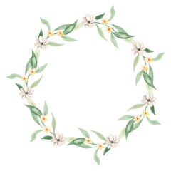Watercolor wreath with leaves, branches, flowers, small flowers