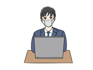 マスクをしたスーツ姿のノートパソコンに向かう男性　正面