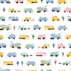 Vector white pastel pen skech rows of small cute cement trucks transport vehicles simple seamless pattern. Suitable for textile, gift wrap and wallpaper.