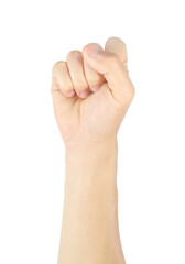 Close up men hand sign raise your hand, raise your fist Gestures and symbols Isolated on white background with clipping path.