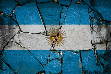 National flag of  Argentina. depicting in paint colors on an old stone wall. Flag  banner on broken...