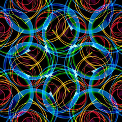 Kaleidoscopic blend pattern of rolled color paper strips macro top view