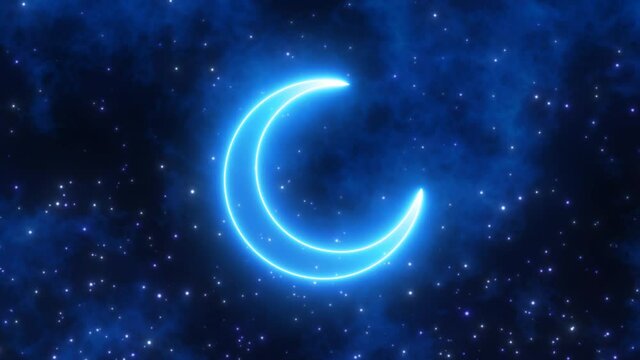 Calm Blue Neon Crescent Moon Shape in Cloudy Dark Night Sky Stars - 4K Seamless VJ Loop Motion Background Animation
