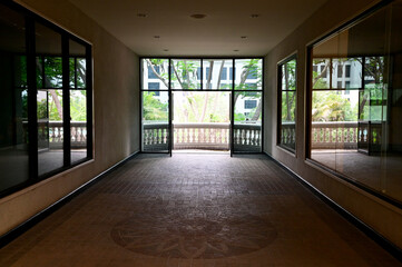 The Luxury hotel corridor Go out to the balcony outside the building at Bangkok, Thailand.