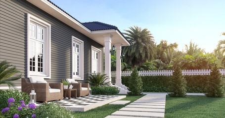 Luxury house in the beautiful garden 3d render,white doors, gray plank walls and blue roof tiles, decorated with outdoor wicker chairs. The orange sun shone in front of the house.