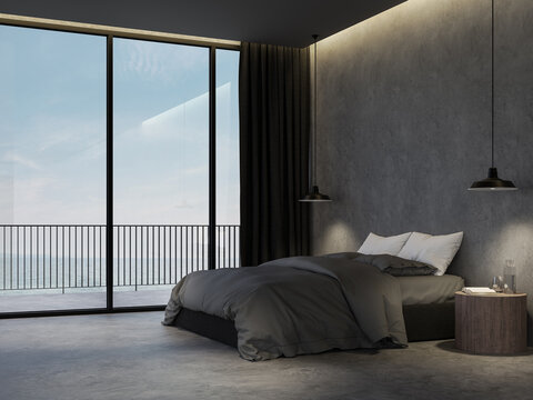 Minimal loft style bedroom with sea view background 3d render,there are polished concrete floor decorate with dark gray furniture overlooking terrace behide.
