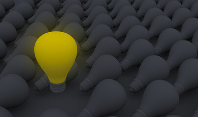 Obraz premium a yellow light bulb on a background of gray light bulbs.3 d render.idea