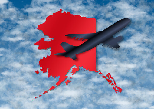 illustration with the silhouette of an airplane and the map of the State of Alaska on a background with sky and clouds