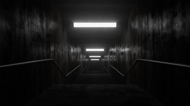 Creepy Abandoned Dark Tunnel Corridor Flickering Fluorescent Lights - 4K Seamless VJ Loop Motion Background Animation