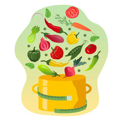 vector hand drawn illustration on the theme of proper nutrition, healthy food. a large pan into which vegetables fall. diet recipes, summer food. trend illustration in flat style
