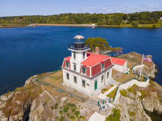 Aerial view of Pomham Rocks Lighthouse on Providence River near Narragansett Bay in East Providence, Rhode Island RI, USA. 