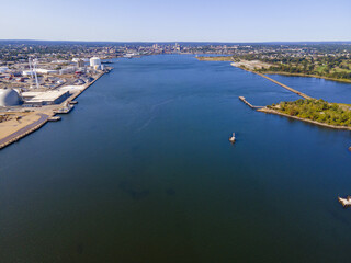 Aerial view of Providence River near Narragansett Bay with Providence city at the background, Providence, Rhode Island RI, USA. 