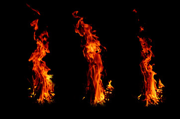 Three hot flame of fires in black background