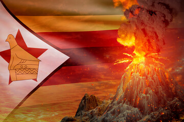 big volcano eruption at night with explosion on Zimbabwe flag background, troubles because of eruption and volcanic earthquake conceptual 3D illustration of nature