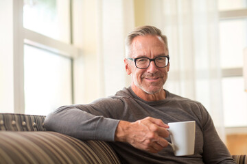 Mature man sitting on a sofa sock photo