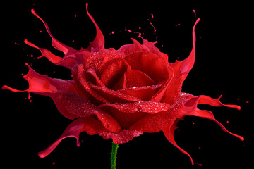 dewy red rose with red splashes on black background