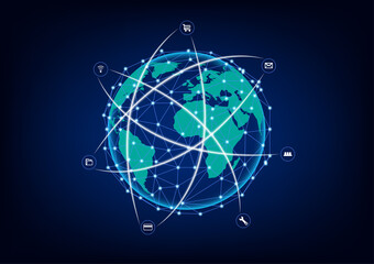 graphics world map on blue background concept The connection network communication system vector illustration
