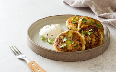 Cottage cheese fritters with spinach and parsley closeup