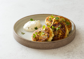 Cottage cheese fritters with spinach and parsley closeup