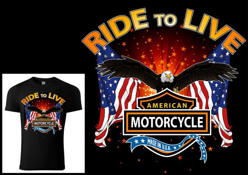 T-shirt Design for Bikers with Eagle and Flags with Decorative Banners and Texts - Colored Illustration Isolated on Black Background, Vector