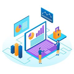 Auditing, business analysis concept with characters. Concept of opportunities. Graphic and audit documentation, economic analysis financial budget. Illustration flat isometric vector background 
