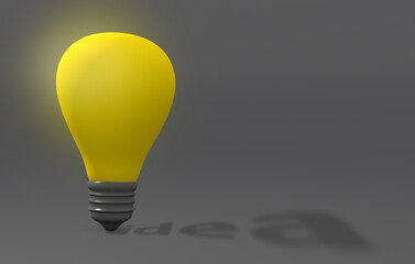 a yellow light bulb on a gray background casts a shadow with the inscription idea.3 d rende