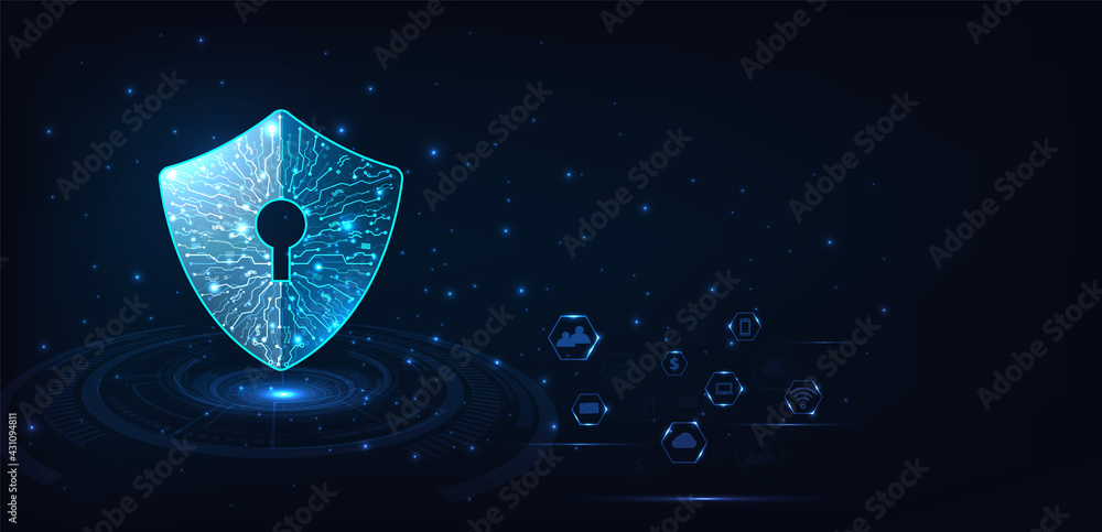 Poster cyber attack protection privacy concept. security shield icon digital display over on dark blue back