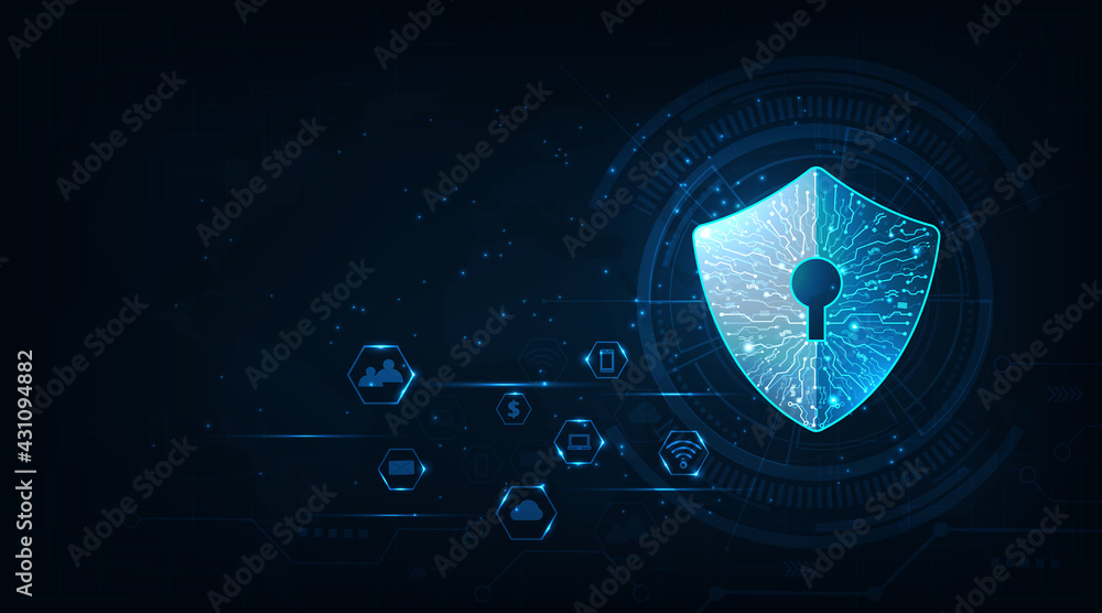 Aufkleber Cyber security for data in computer.Security shield icon digital display over on dark blue background.Data protection, privacy, and internet security concept. 