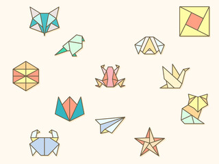 origami and paper element Vector illustration. bird, airplane, animal, fish, fox, star, Frog, dog, Crab, swan and more. Flat illustration.