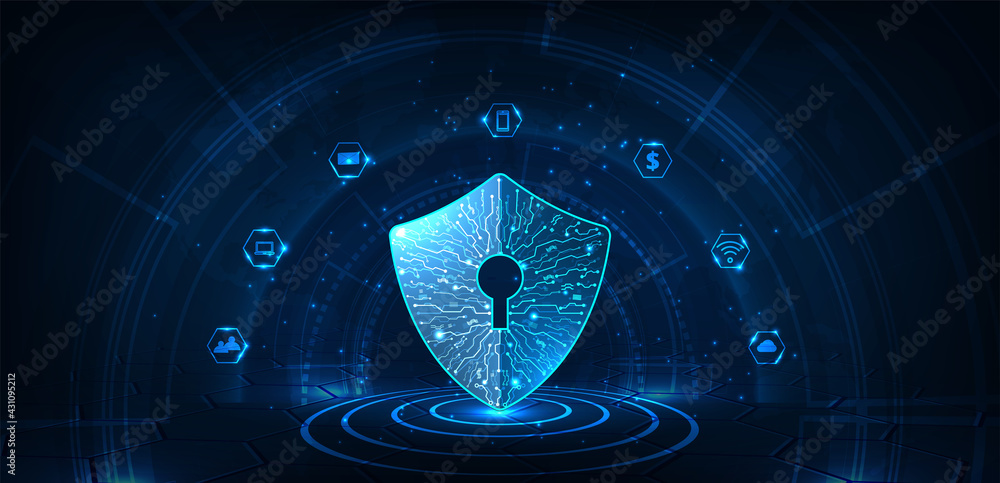Aufkleber Protection from hacker and virus attack. Security shield icon digital display over on dark blue background.Technology for online data access defense against hacker and virus.Internet security concept.