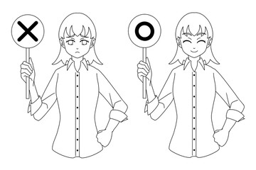 マルバツ札を挙げる女性　線画