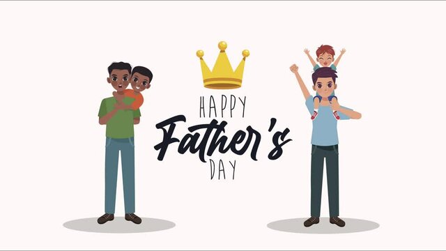 happy fathers day lettering card with interracial dads and sons