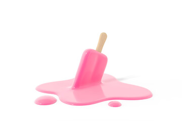 Pink stick ice cream melting on white background 3d rendering. 3d illustration Summer minimal concept. - obrazy, fototapety, plakaty
