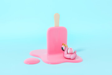Pink stick ice cream melting with Pink Flamingo float, tropical bird shape inflatable swimming pool ring on blue background 3d rendering. 3d illustration Summer minimal concept.