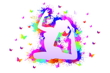 Plakat Yoga logo design. Colorful sport background. Butterfly, Silhouettes, Exercises, Fitness, Healthcare, Medical, Icon, Symbol. Vector illustration.