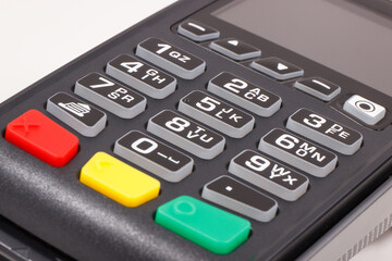 Credit card reader as device using for cashless paying. Payment terminal. Finance concept