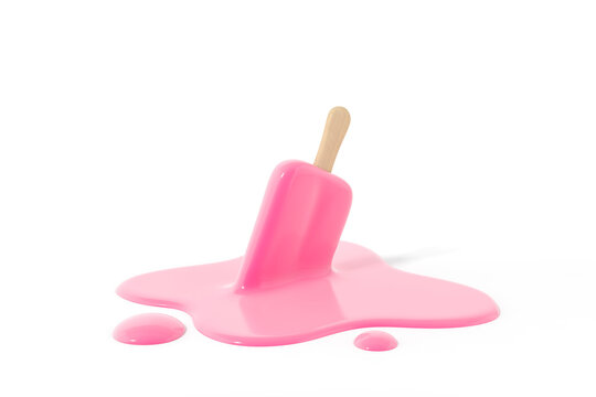 Pink stick ice cream melting on white background 3d rendering. 3d illustration Summer minimal concept.