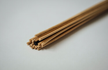 Bundle of light brown diffuser reeds with one black reed hidden within