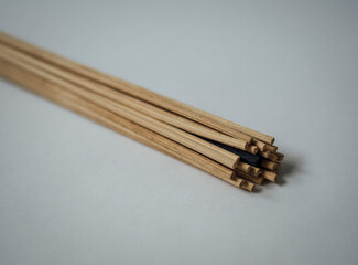 Bundle of brown diffuser reeds with a black reed within