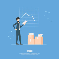 Flat illustration Business statistics down, with character and chart statistics