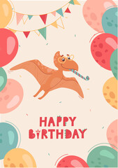 Baby birthday card. A cute pteranodon flies with a pipe and in sunglasses-hearts. Dino celebration, fun, balloons and bunting. Funny vector card for children, beige background © Анна Канищева