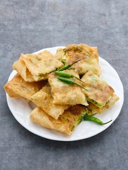 Martabak, Martabak Telor or Martabak Telur. Savory pan-fried pastry stuffed with egg, meat and spices. Martabak Telur is one of Indonesia street food. Served on white plate on grey background.
