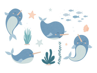 Set Cute adorable narwhal, baby animals with horn smiling in cartoon style isolated on white background. Collection cheerful aquatic character stock vector illustration.